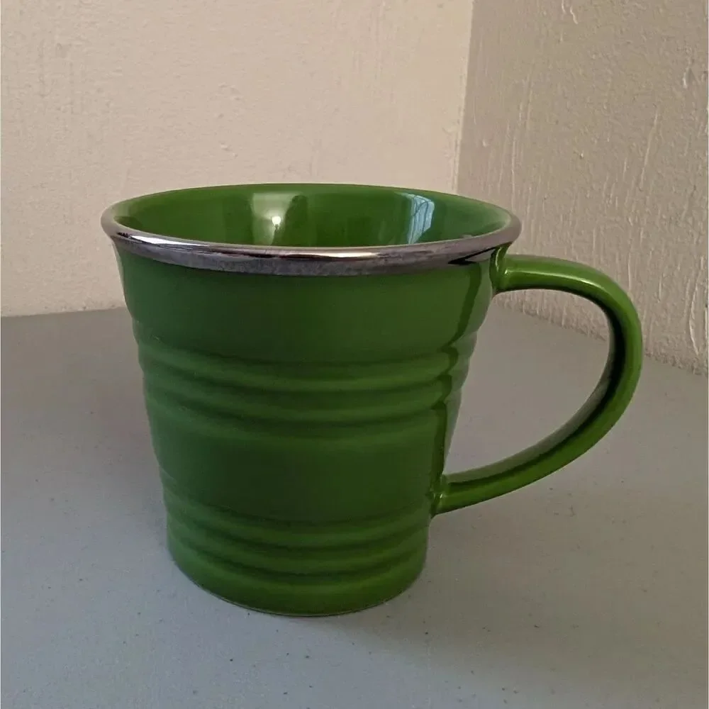 '07 STARBUCKS 14oz YELLOW & GREEN RIBBED Sand Pail Bucket Coffee Mugs Silver Rim